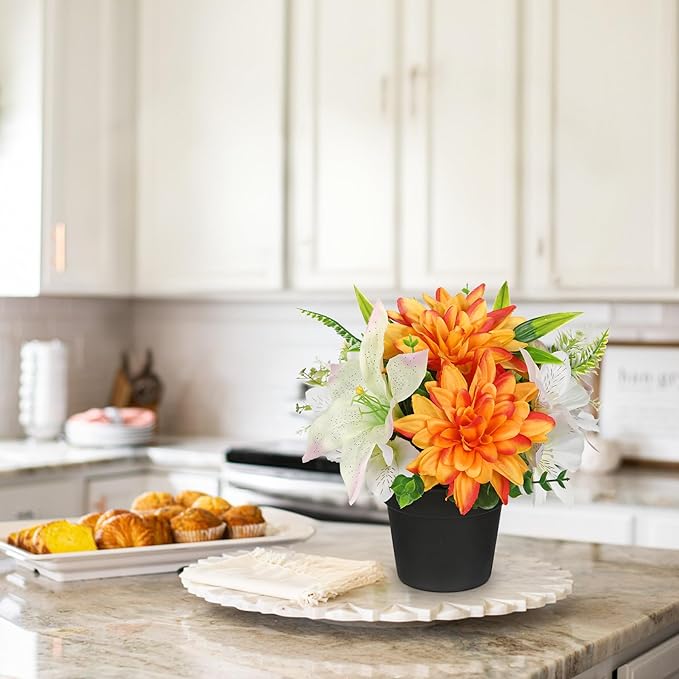 Orange Artificial Flowers Small Fake Flowers in Vase Peonies Dahlia Tiger Lily Potted Silk Flower Arrangements Faux Plants & Flowers Home Bathroom Kitchen Table Centerpieces Desk Decor