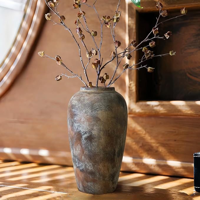 12 Inch Vintage Farmhouse Decor Ceramic Rustic Vase, Handmade Brown Flower Vases for Centerpieces, Living Room & Kitchen Shelf Decorative Pottery Vase for Home Decor