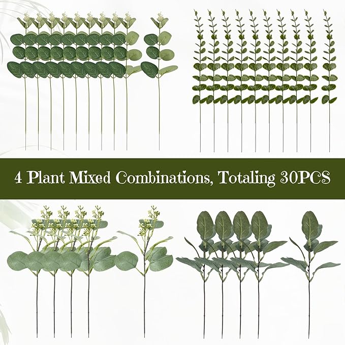 30 Pcs Eucalyptus Stems Bulk, 4 Kinds Mixed Artificial Silver Dollar Eucalyptus Greenery Branches for Wedding Centerpieces, Floral Arrangements, Vase Bouquet Home Decor