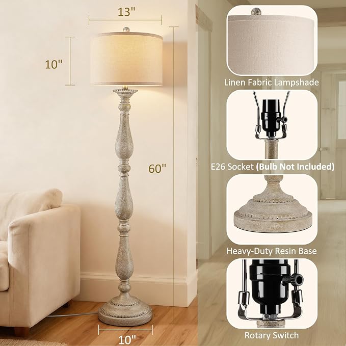 PARTPHONER Vintage Floor Lamp for Living Room, Rustic Farmhouse Standing Lamp with Rotary Switch and Linen Shade, Retro Resin Floor Lamp for Bedroom, Corner, Dining Room, House Decor, Grey