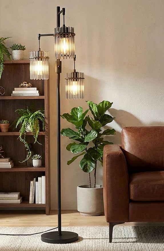 Industrial Floor Lamps for Living Room, Dimmable Floor Lamp Modern Standing Lamps with Glass Lampshade, Rotary Switch, LED Bulbs, Tall Lamps for Bedroom, Office (3 Lampshades(66inch))