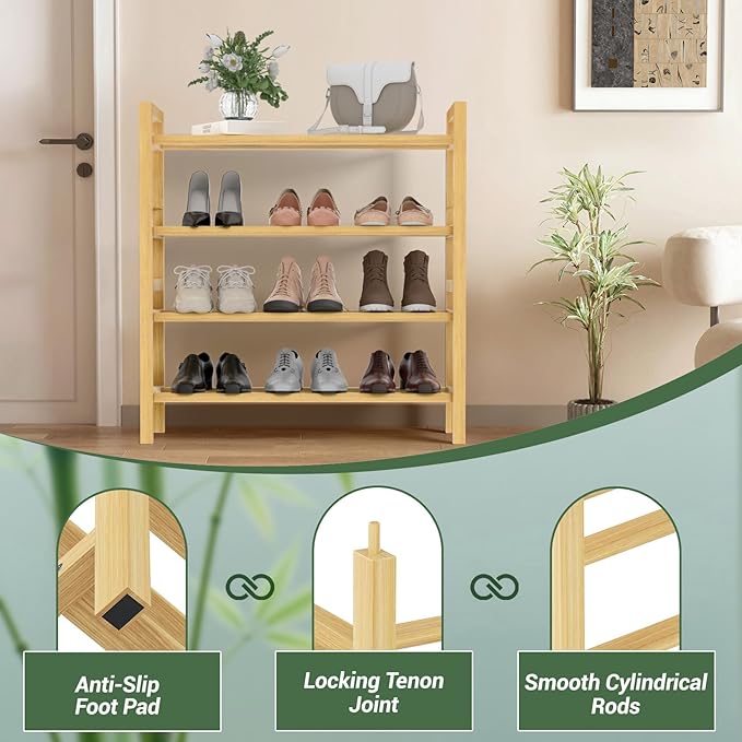 Haddockway Bamboo Shoe Rack for Closet, Free Standing Shoe Organizer with Smooth Round Rods & Convenient Handles, Stackable Shoe Storage Shelf for Entryway, Hallway(Natural, 4-Tier(Small))