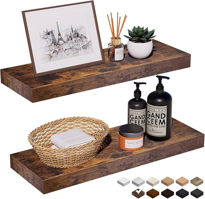 Rustic Brown Floating Shelves for Wall，24in Wall Mounted Display Ledge Shelves Perfect for Bedroom, Bathroom, Living Room and Kitchen Decoration Storage (Rustic Brown, Set of 2)