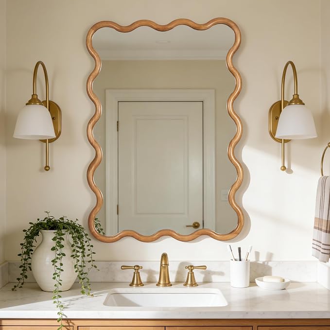 WallBeyond 28"x40" Large Wavy Wood Mirror, Natural Wood Boho Accent Wall Mirror with Solid Wooden Frame, Decorative Wall Mirror for Horizontal or Vertical Hanging in Bathroom or Living Space
