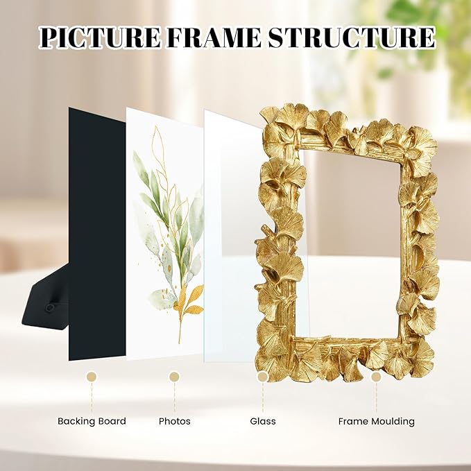 Gold Picture Frames, 4x6 Vintage Gold Frames, Ornate Ginkgo Leaf Textured Hand-Crafted Resin with Glass Front, Antique Photo Frame for Tabletop or Wall Hanging, Retro Design Home Decor