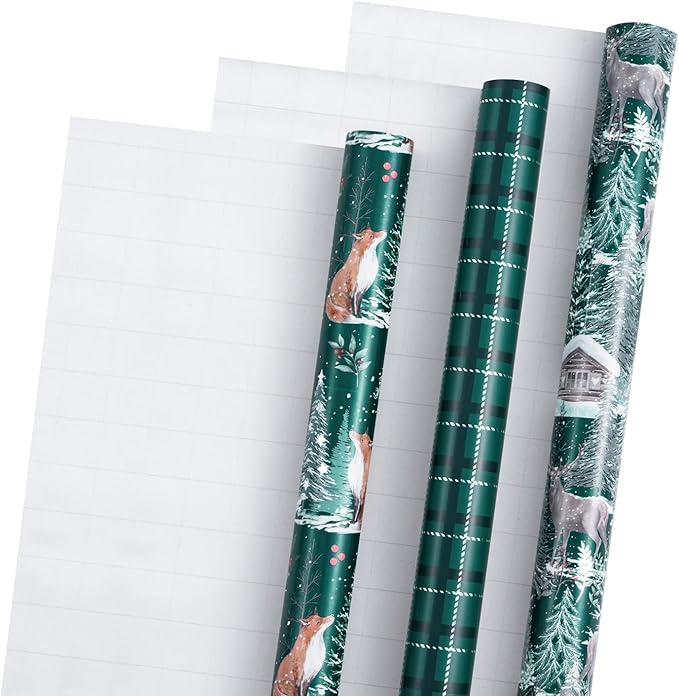 LeZakaa Green Christmas Wrapping Paper Roll, Fox, Squirrel, Reindeer & Chrismas Tree, Green Plaid for Winter Holiday Party, 17 x 120 inches, 3 Mini Rolls