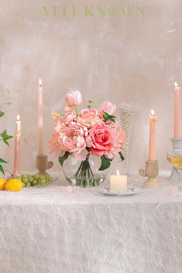 Artificial Flowers in Vase with Fake Water, Silk Tulips Peony Rose Flowers Bouquet with Glass Vase for Home Birthday Party Wedding Dinning Table Centerpieces Office Hotel Decor Gift (Peach Pink Mixed)