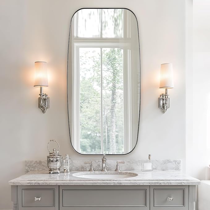 ANDY STAR 24x48 Chrome Bathroom Mirror, Oblong Silver Mirror with Stainless Steel Metal Frame, Oval Vanity Mirror for Over Sink, Modern Anti Rust Wall Mounted