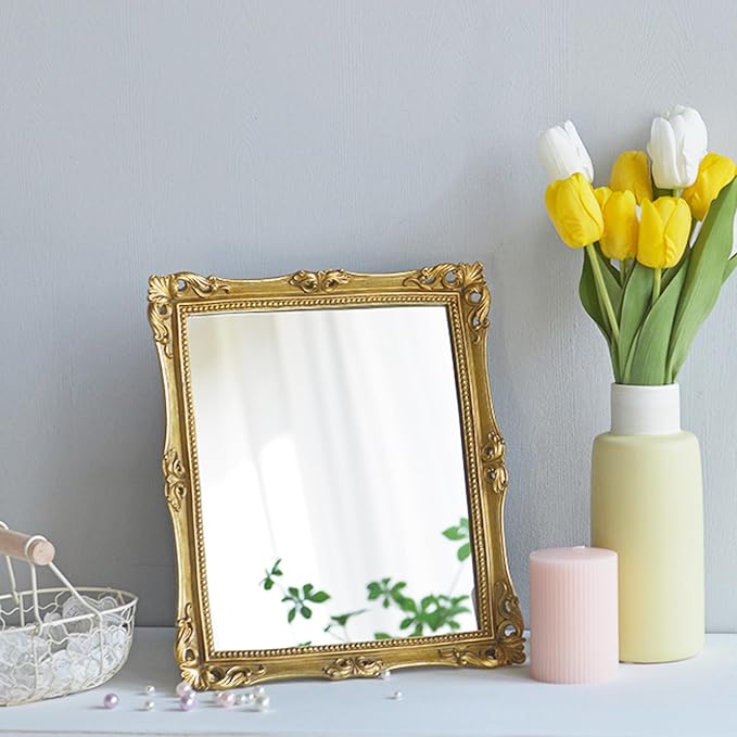 Funerom Vintage Decorative Mirror, Wall Mounted & Tabletop Makeup Mirror ，Square (Antique Gold, 16.5 x 13.5 inch)