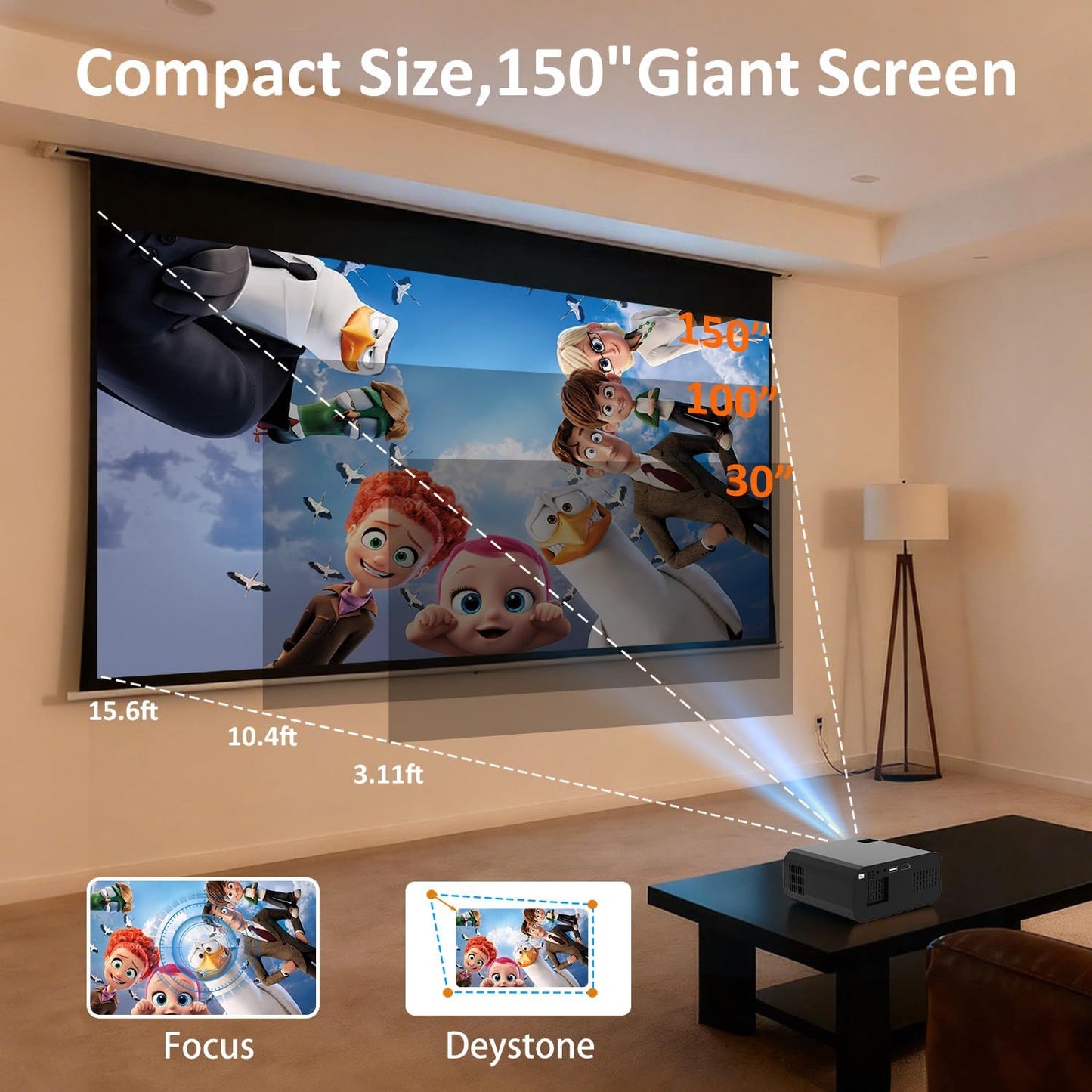 Skiennix Mini Projector - 4K 1080P Portable Projector with WiFi & Bluetooth | Auto Keystone Correction, 32"-150" Screen