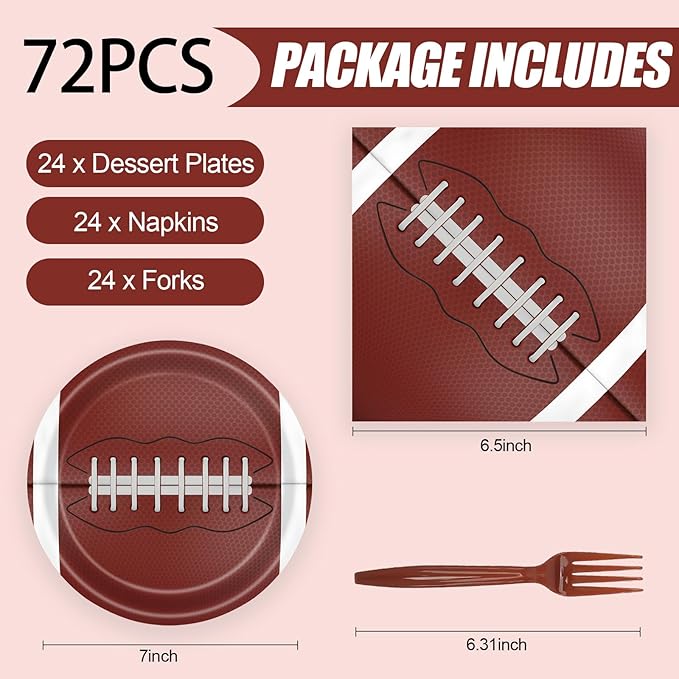 72 Pcs Football Paper Plates and Napkins, Disposable Party Plates and Napkins Tableware Set for Sports Birthday Party and Baby Shower, Serves 24