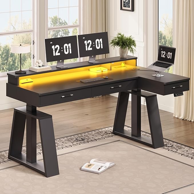 SEDETA 59 Inch L Shaped Electric Standing Desk with Drawers, Executive Adjustable Desk with Power Outlets, Monitor Stand, Sit Stand Computer Table for Home Office, Black