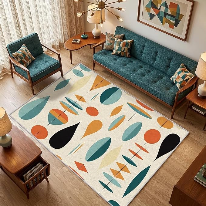 Mid Century Modern Rug 7x9, Washable Geometric Rugs for Living Room Bedroom, Retro Area Rug for Home Decor, Non Slip Backing Floor Carpet with Gripper - 7 x 9 ft