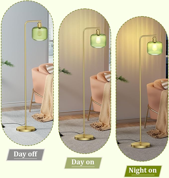 Glass Floor Lamp for Living Room, Modern Standing Lamp with Green Ribbed Glass Lampshade and Pedal Switch, 66” Tall Lamp & Gold Floor Lamp for Bedroom Study Room,Brushed Gold(3000K LED Bulb Included)