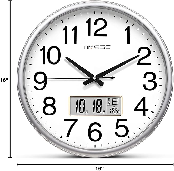 TIMESS Wall Clock, 16 Inch Non-Ticking Silent Battery Operated Quartz Analog with LCD Display for Perpetual Calendar and F° Temperature, Ideal Modern Home, Bedroom, Kitchen, Office Décor (Sliver)