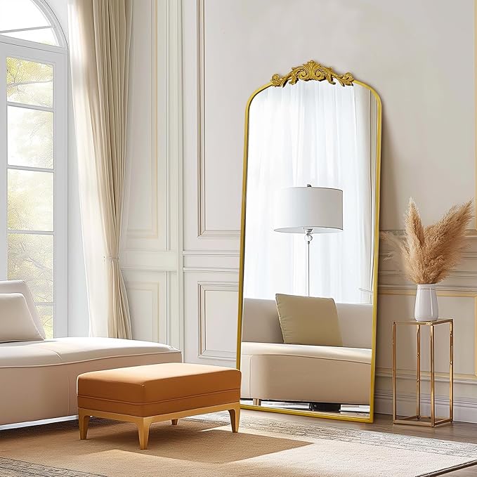 71" x 30" Gold Arch Full Length Mirror, Vintage Ornate Baroque Floor Mirror with Decorative Crown, Large Arched Wall Mounted Dressing Mirror for Bedroom, Living Room, Entryway