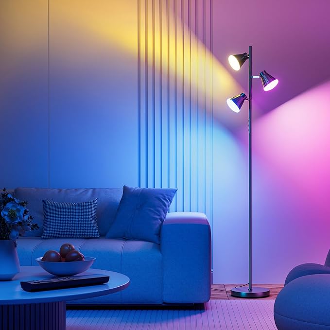 SIBRILLE RGB Floor Lamp, 36W LED Dimmable Standing Lamp with 3 Swivel Lights, Color Changing Tall Lamp with Remote, Stepless Dimmable Modern Floor Lamps for Living Room, Bedroom, Gaming Room,Office