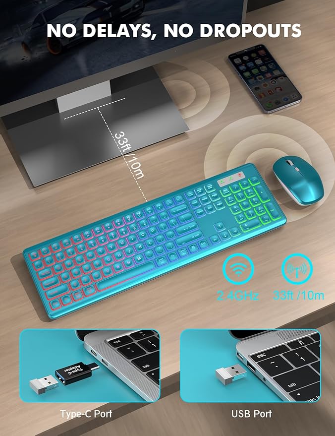 Wireless Keyboard and Mouse Combo, RGB Backlit, Rechargeable & Light Up Letters, Full-Size, Soft Typing, Sleep Mode, 2.4GHz Quiet Keyboard Set for Mac, Windows, Laptop, PC, Trueque (Metallic Blue)