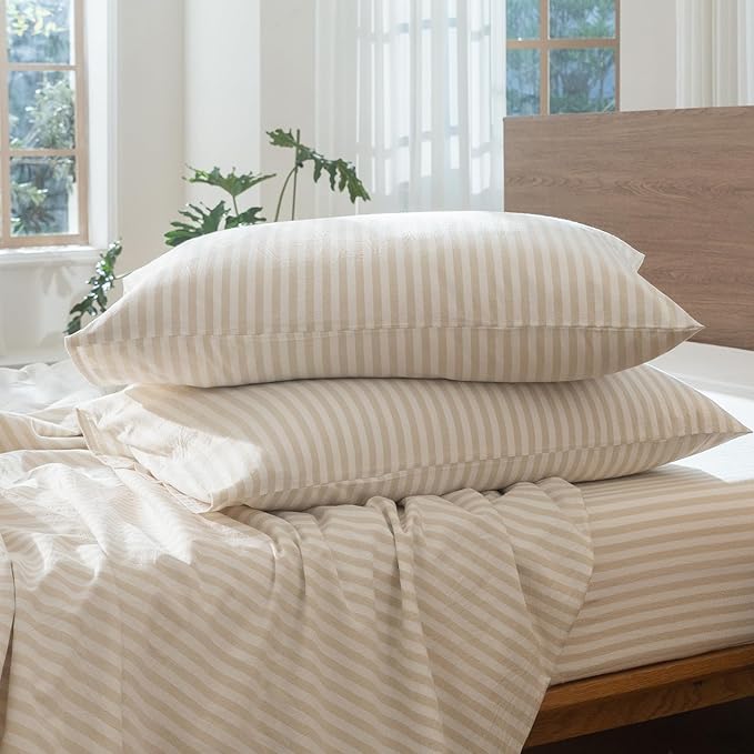 MooMee Striped Duvet Cover Set 100% Washed Cotton Linen Like Textured Breathable Durable Soft Comfy (Almond Milk Grey Classic Stripes, Alaska King 132"x120")