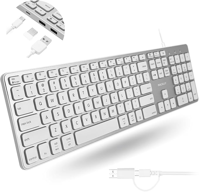 Macally Wired Keyboard for Mac with USB Hub (2X USB-A / 1x USB-C) - Compatible Backlit Apple Keyboard with Dual Interface - Auto OS Detection for Mac, MacBook, iMac, PC, Android, iPad, iOS - Silver