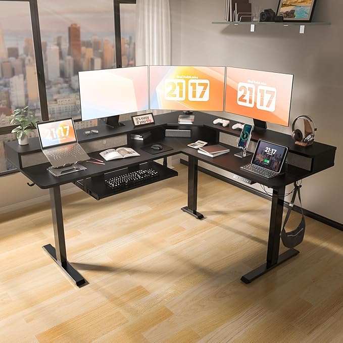 L Shaped Standing Desk with USB Charging Port & 4 Drawers,63 x 55 inch Electric Adjustable Height Corner Stand Up Desk with Keyboard Tray & Storage,Sit Stand Computer L Table for Gaming Office
