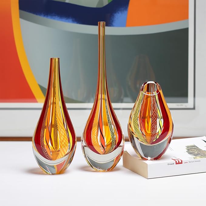 Ca D Oro Small Drop Glass Vase Boho with Red/Yellow Canes Hand Blown Murano-Style Art Glass - Model Tall