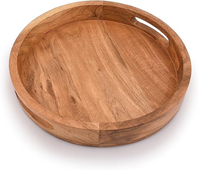 Samhita Round Serving Acacia Wooden Tray with Handles for Serving Beverages & Food on Bar Living Room Home Dining Table (12" x 12" x 1.6")