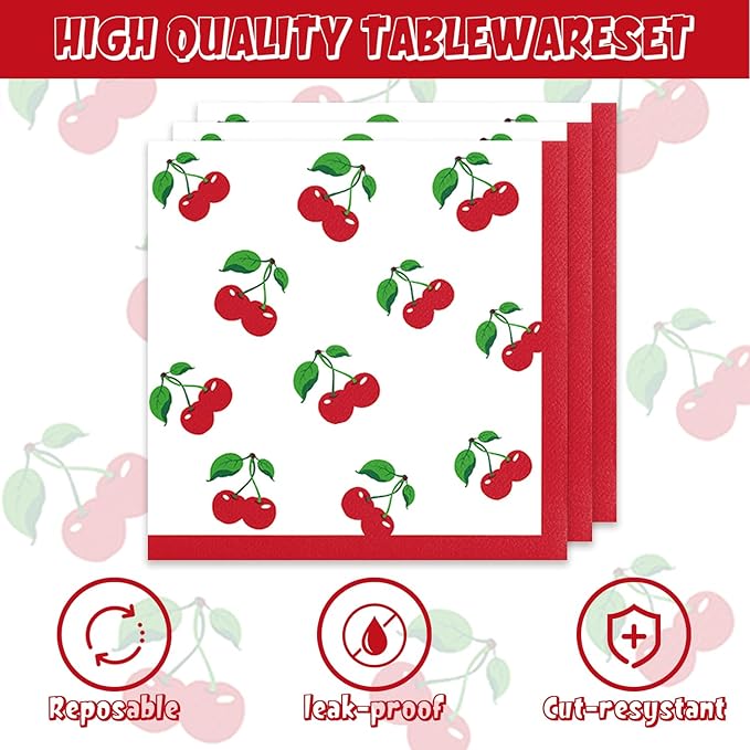 48PCS Cherry Birthday Party Decorations Cherry Themed Party Supplies Include Plates Napkins Forks for 16 Guests