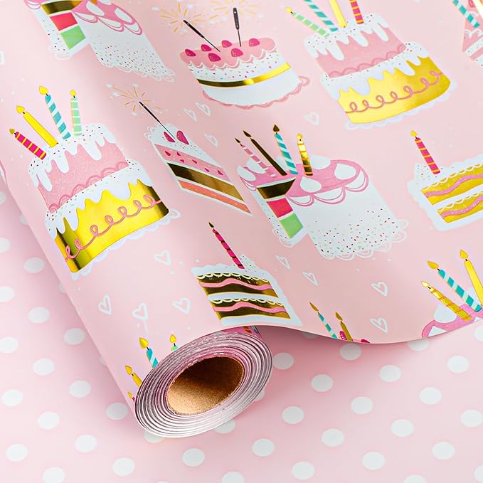 Homeral Pink Birthday Wrapping Paper Roll - 17 In x 33 Ft (46.5 sqft) Gift Wrap with Metallic Foil Cakes, Colorful Candles and Polka Dot Pattern for Girls Birthday, Baby Shower, Party, Valentines Day