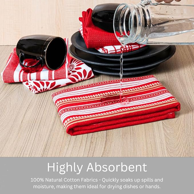 WeWove Assorted Kitchen Towels Set of 5-100% Cotton Dish Cloths Towels with Hanging Loop - Soft Absorbent Washable Reusable for Kitchen Use - Quick Drying 16x26 inch Dish Towels Red