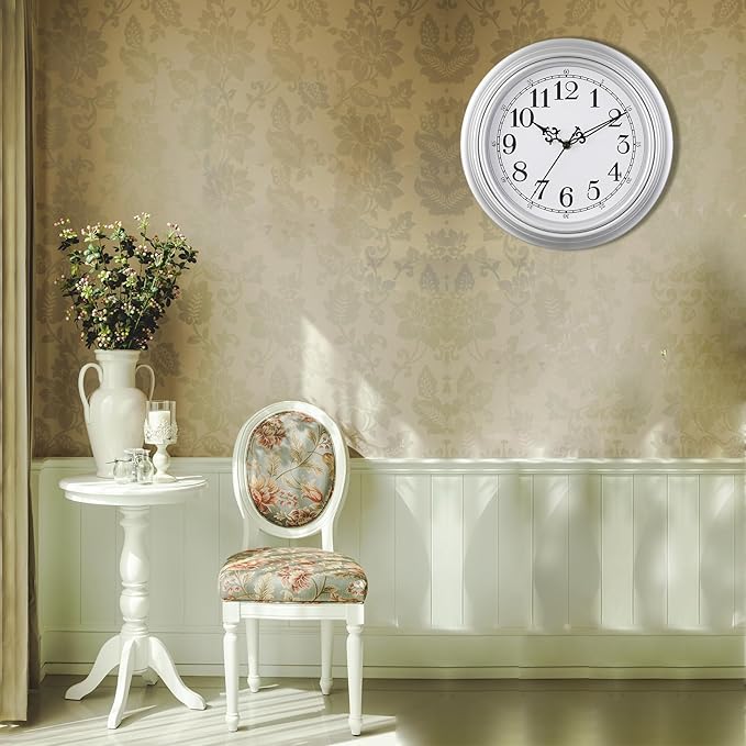 Plumeet Small Retro Wall Clock, 10'' Non Ticking Classic Silent Vintage Wall Clocks Decorative Kitchen Living Room Bedroom - Battery Operated, Silver