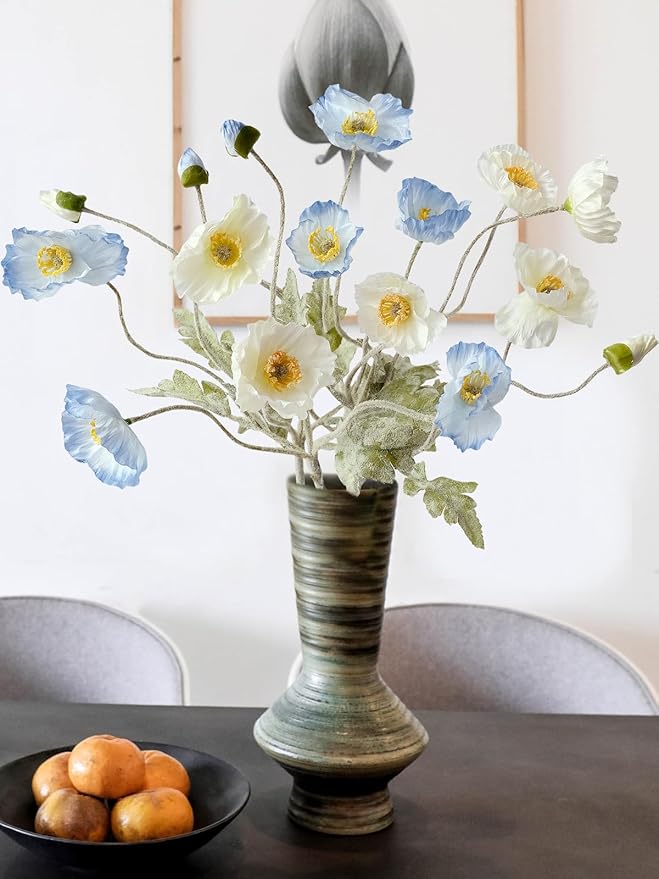 6PCS Blue Artificial Poppy Flowers with Stems Faux Poppies Bouquets Silk Spring Floral for Indoor Table Party Arrangement Wedding Ceremony Decor