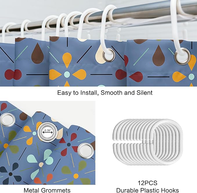 APROPHIC Mid Century Retro Shower Curtain 72x72 Inches, Vintage Geometric Pattern Bathroom Curtain with Hooks, Waterproof Polyester Fabric for Bath Shower, Machine Washable Home Decor, Navy Blue