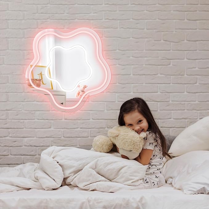 Flower Mirror Neon Sign Dimmable USB LED Neon Lights for Ideal Home Decor for Bedroom, Kidsroom, Living Room Parties, Christmas Birthdays Gifts for Girls Women, Boho Mirror Wall Sign Art Gift