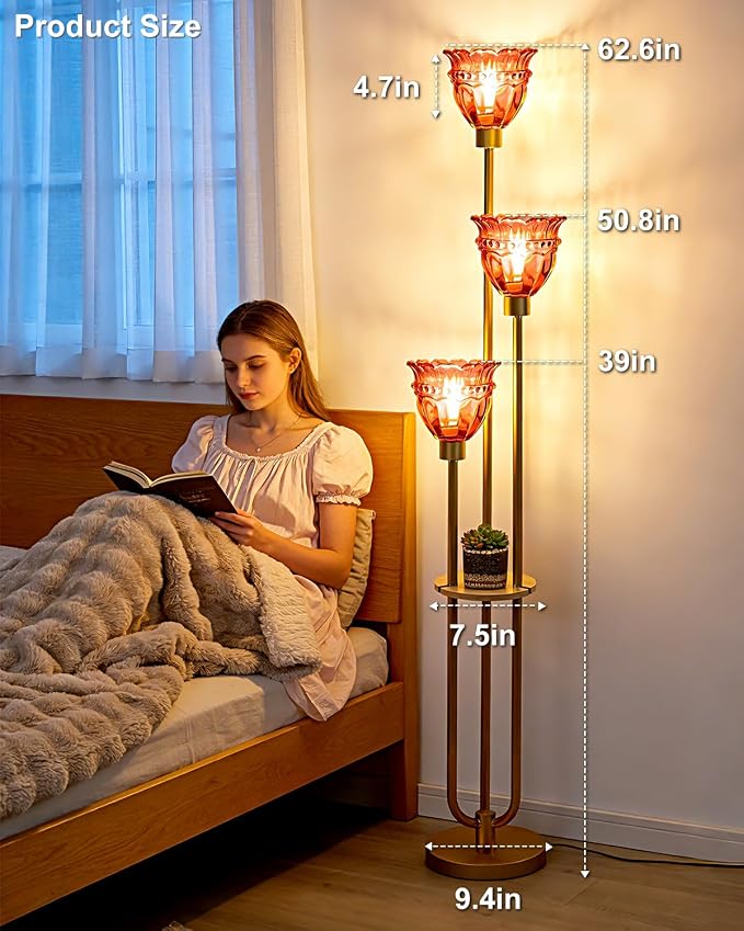 Lightdot Glass Floor Lamp with 5Lbs Heavy Base for Living Room Modern Gold Floor Lamp with Rose Red Glass Shade & 3000K Bulbs Included Tall Standing Lamp with Foot Switch for Sofa Beside/Corner Decor