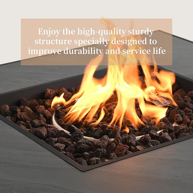 YATEMATE 32'' Propane Fire Pit Table for Outdoor, Sintered Stone Tabletop & Polyresin Stone-Look Panel, 50000 BTU Gas Fire Pit Table for Outside Patio and Garden, with Lava Rock & Metal Lid