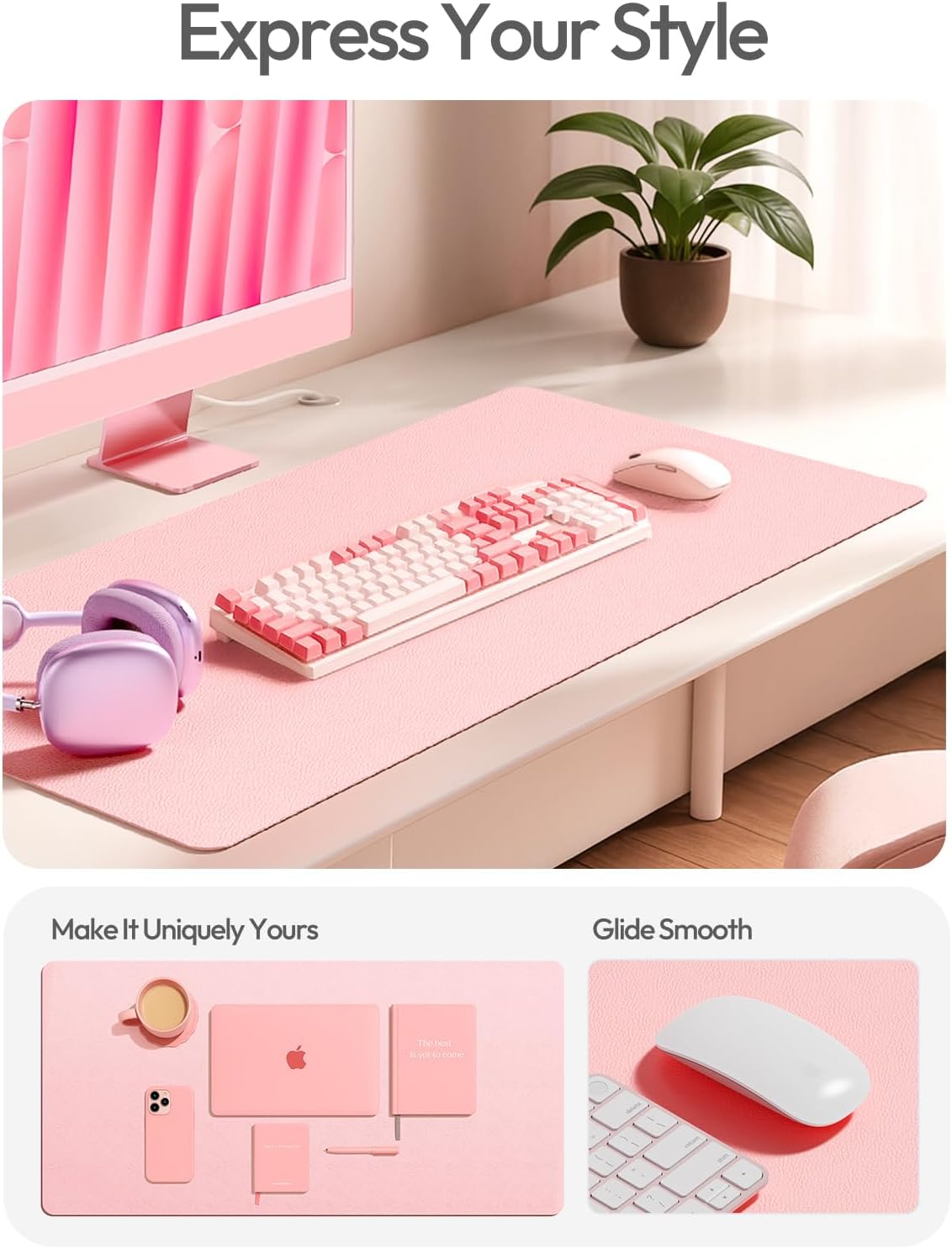 YSAGi Leather Desk Protector - Large Non-Slip PU Leather Office Mat | Waterproof Laptop Pad (Light Pink, 47.2" x 23.6")