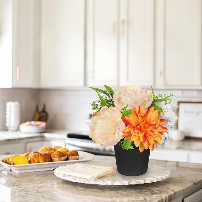 Yellow Artificial Flowers Small Fake Flowers in Vase Peonies Dahlia Tiger Lily Potted Silk Flower Arrangements Faux Plants & Flowers Home Bathroom Kitchen Table Centerpieces Desk Decor