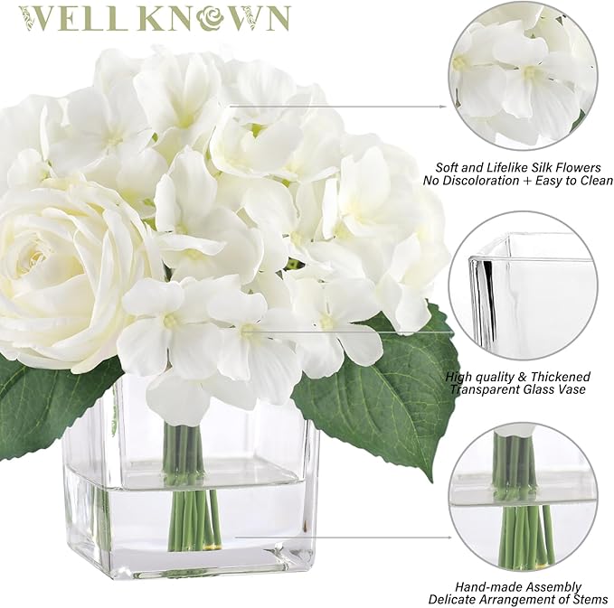 WELL KNOWN Fake Flowers in Vase, Hydrangea Rose Artificial Flowers with Fake Water in Glass Vase Realistic Silk Faux Floral Centerpiece for Coffee Table Office Dining Room Wedding Home Decor - White