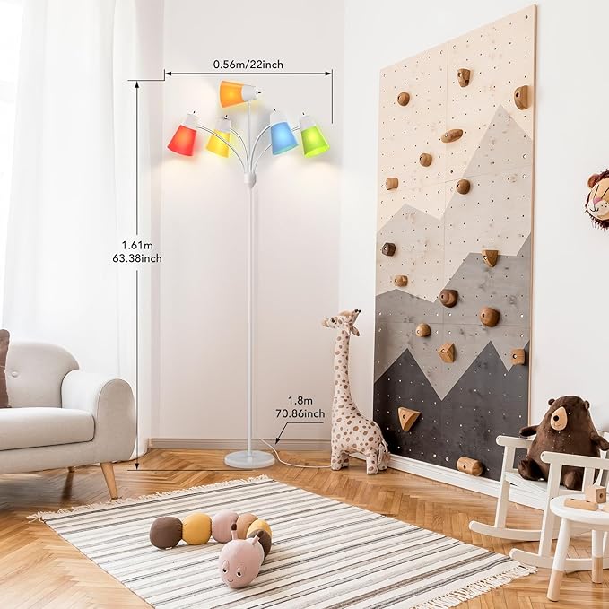 FOLKSMATE Floor Lamp, Medusa Multi Head Modern Tall Standing Light Fixture, Rustic Adjustable LED Reading Light for Living Room, Bedroom, Kids 5 White & Colored Lamp Shades, White