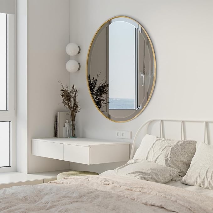 POZINO Oval Beveled Mirrors, 22"x30" Brush Gold Bathroom Vanity Mirror for Over Sink, Stainless Steel Frame Mirrors Modern Wall Mirror for Living Room Bedroom Entryway, Horizontal Or Vertical ﻿