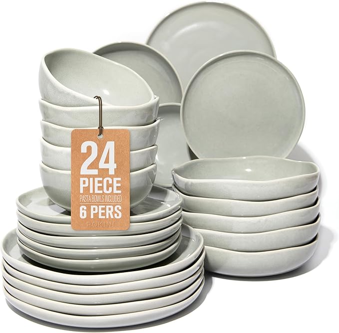 Pokini 24 Pieces Dinnerware Set for 6 with Pasta Bowls, Complete Ceramic Dish Set, Stackable & Glossy Stoneware Plate and Bowl Set for Effortless Everyday Hosting, Gray Green