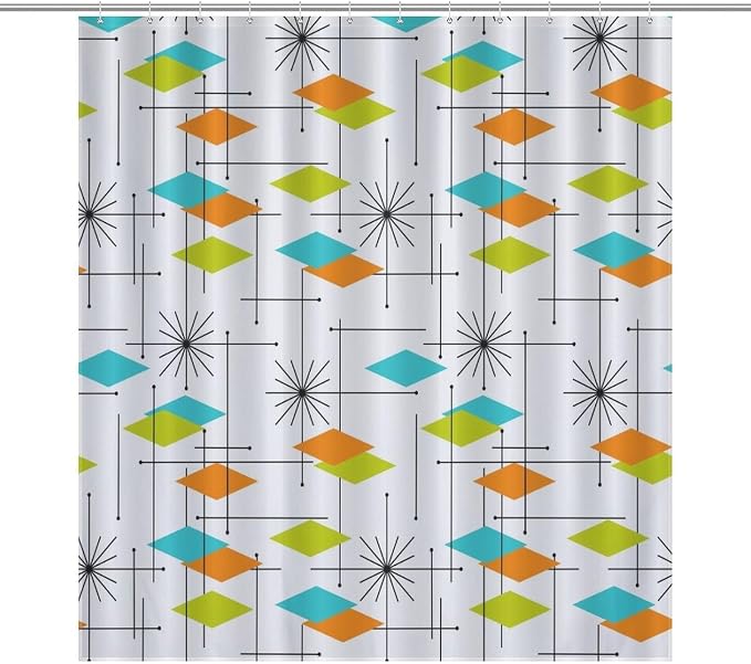 Mid Century Modern Shower Curtain,Retro Abstract Atomic Starburst Geometric Diamond Pattern Shower Curtains Set for Bathroom Fabric Decorative Bath Curtain Washable Curtain Hooks, 72”x72”