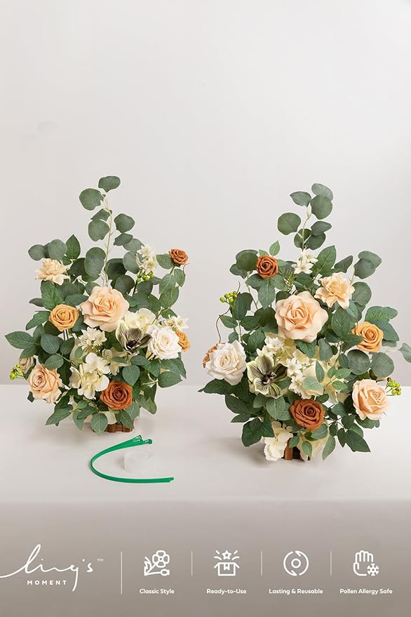 Ling's moment 17.5" Tall Standing Artificial Flowers Arrangements 2 pcs Wedding Aisle Runner Chair Decorations Apricot & Soft Peach Centerpieces for Ceremony Reception Rose Floral Party Outdoor