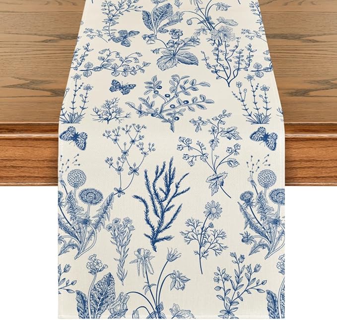 Artoid Mode Blue Wild Flowers Floral Spring Table Runner,Seasonal Summer Kitchen Dining Table Decoration for Home Party Decor 13x72 Inch