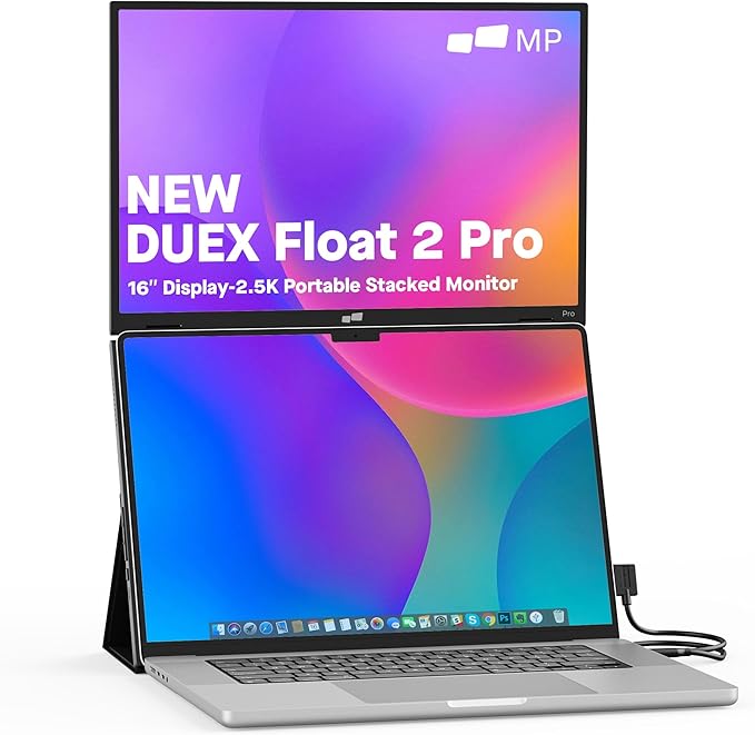 New Mobile Pixels Duex Float 2.0 Pro 2.5 K Portable Monitor, 16" Laptop Screen Extender (Built-in Kickstand), USB C/HDMI Stacked Monitor Extender with Dual Speakers, Windows, MacOS, Switch, Android