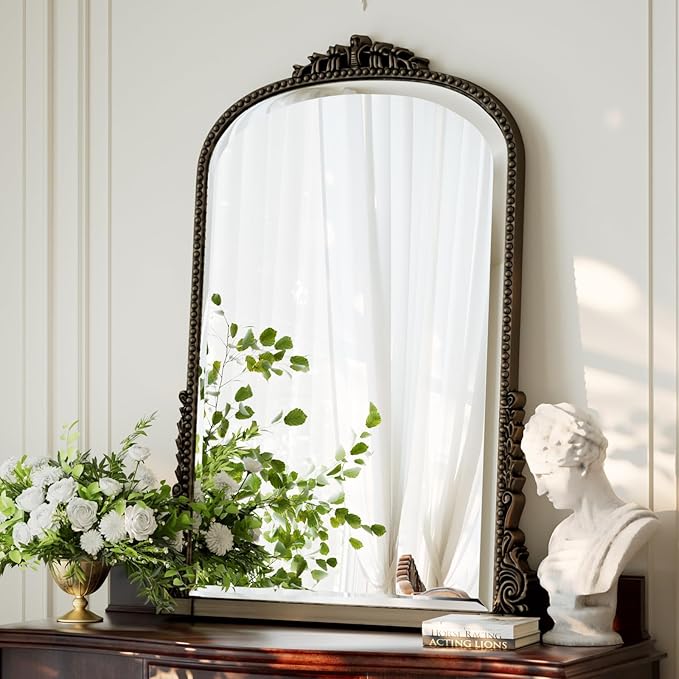 28"×40" Bronze Wide Arched Wall Mirror, Vintage Carving Bathroom Vanity Makeup Mirror, as Wall Decor Hanging Leaning for Fireplace Mantle, Living Room, Bedroom, Vanity Area