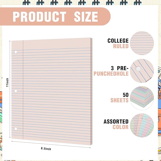 PerKoop 400 Sheets Colored Loose Leaf Paper 8.5" x 11" college ruled Lined 3 Hole Punched notebook Filler Paper for 3 Ring Binders Office School Supplies (Aesthetic Color)