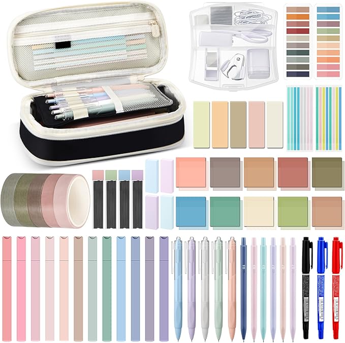 Sinload 60 Pcs Aesthetic Book Annotation Kit School Supplies Cute Pencil Case 12 Highlighter 5 Gel Pen 6 Mechanical Pencil 5 Magnetic Bookmark 1220 Pcs Sticky Note Tab Student Stationary(Black)