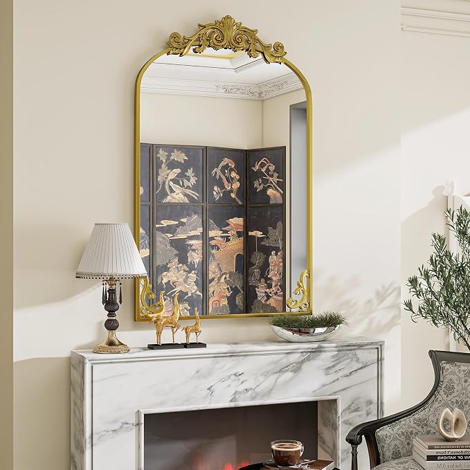 VooBang 26x38 inch Vintage Arched Bathroom Mirror - Gorgeous Wall Vanity Mirror with Beautiful Retro Top and Bottom Engraving Process Frame for Entryway Hallway Living Room, Gold